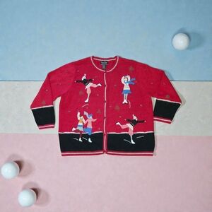 Size 2X Winter Holiday Sweater Embroidered Beaded Ice Skating Skater Ugly XMAS